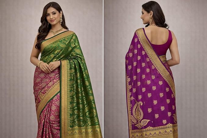 Women Traditional Banarasi Silk Saree | Rich Zari Border | Wedding - Image 2