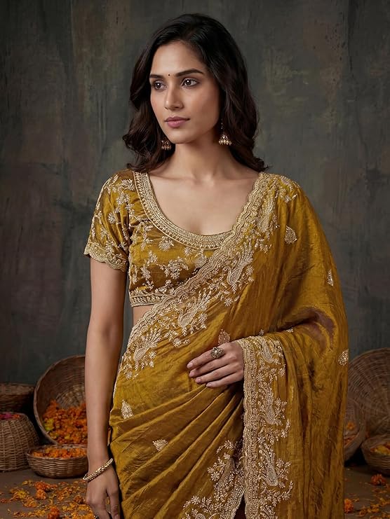 siril women's tissue silk scalloped border embroidery saree with unstitched blouse piece siril women's tissue silk scalloped border embroidery saree with unstitched blouse piece