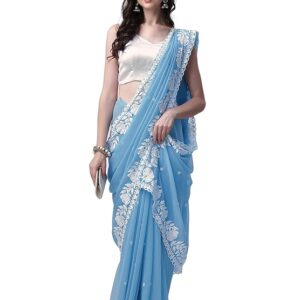 hesvi women's georgette embroidery border work saree with blouse piece