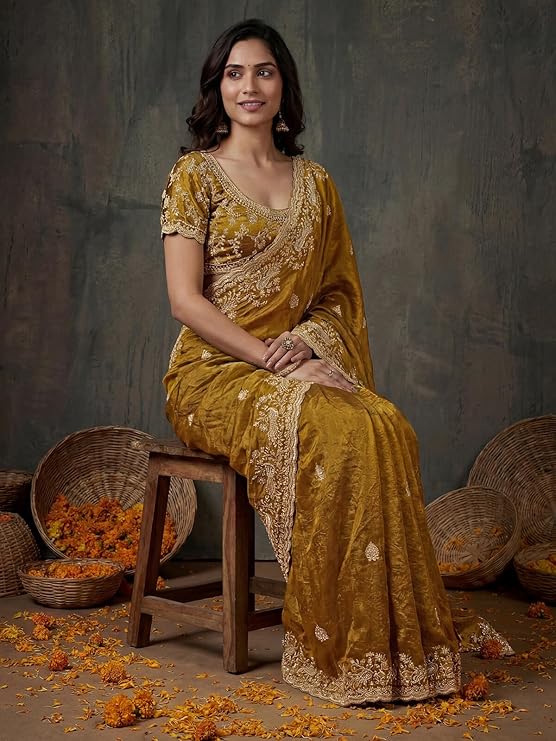 siril women's tissue silk scalloped border embroidery saree with unstitched blouse piece siril women's tissue silk scalloped border embroidery saree with unstitched blouse piece