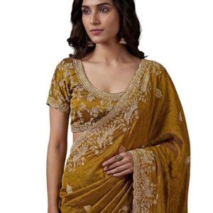 siril women's tissue silk scalloped border embroidery saree with unstitched blouse piece